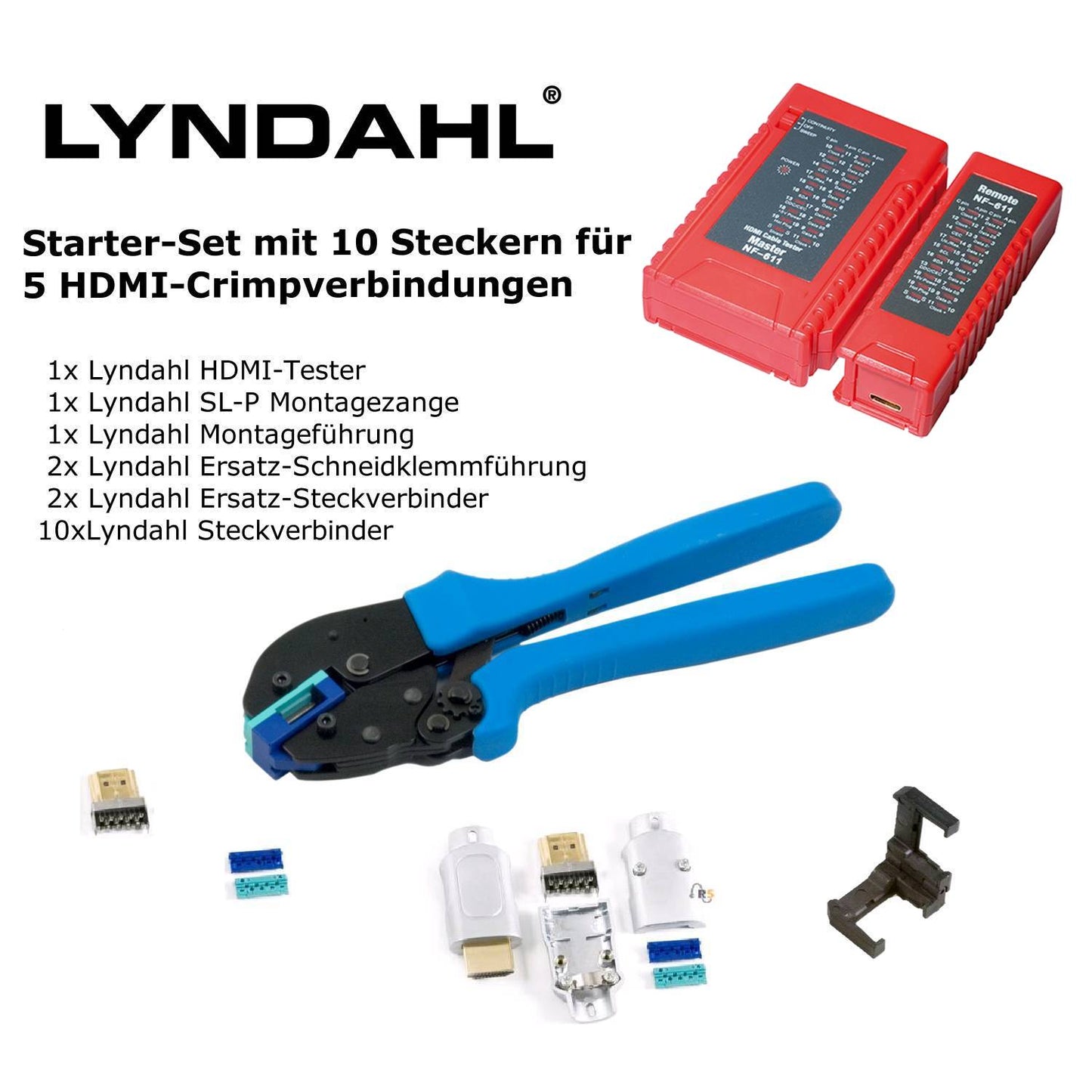 Lyndahl DIY starter set with 10 SL-P HDMI connectors, assembly pliers, tester